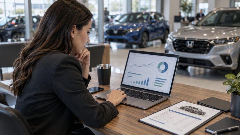 Woman analyzing ad budget charts on a laptop inside a dealership showroom.